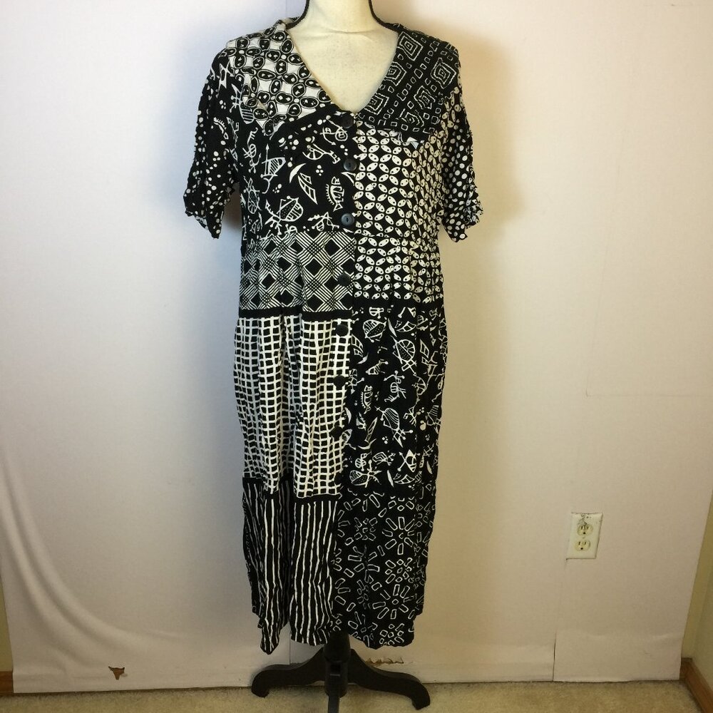 We Be Bop Dress Size L (Chest 41") Womans Black White Patchwork Hippie Festival